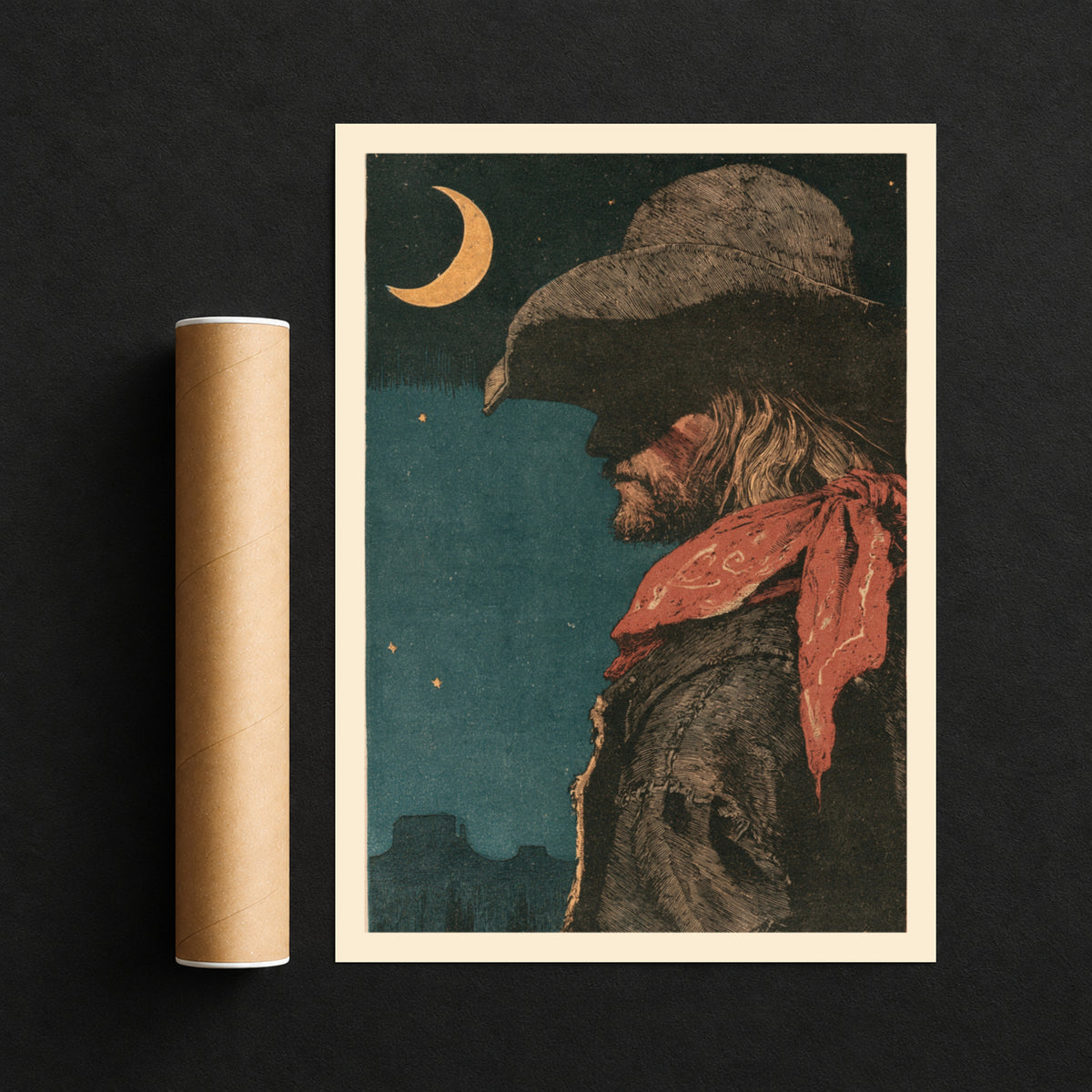 Western Cowboy Print, Vintage Woodcut Style Wall Art, Crescent Moon Desert Night, Red Bandana Poster