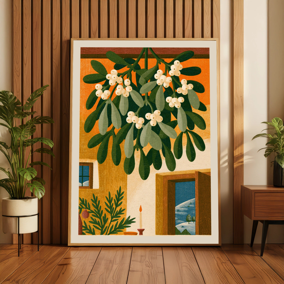 Vintage Mistletoe Poster Print | Rustic Kitchen Decor | Retro Mid Century Risograph Christmas