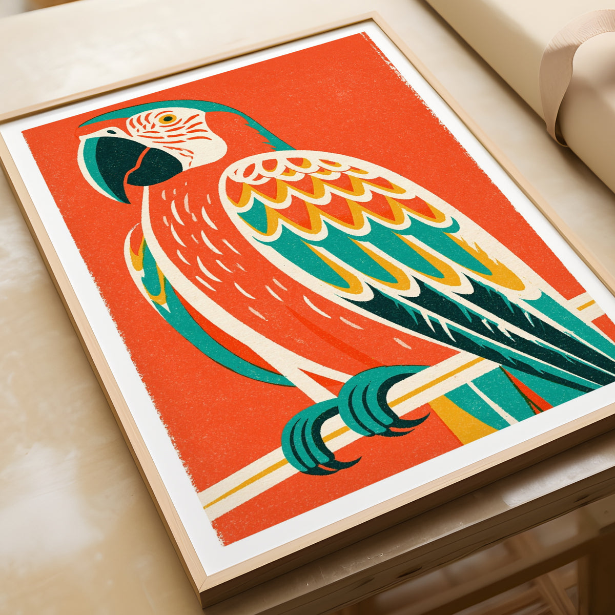 Retro Macaw Parrot Print, Vintage Style Bird Poster, Bold Tropical Wall Art, Mid Century Decor