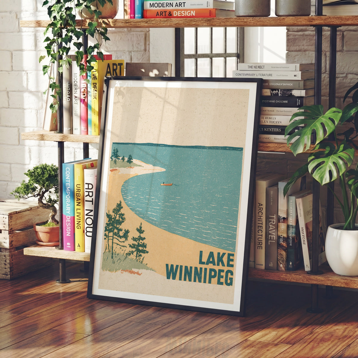 Lake Winnipeg Retro Print, Vintage Travel Poster, Manitoba Canada Lakeside Beach, Rowing Boat Pine