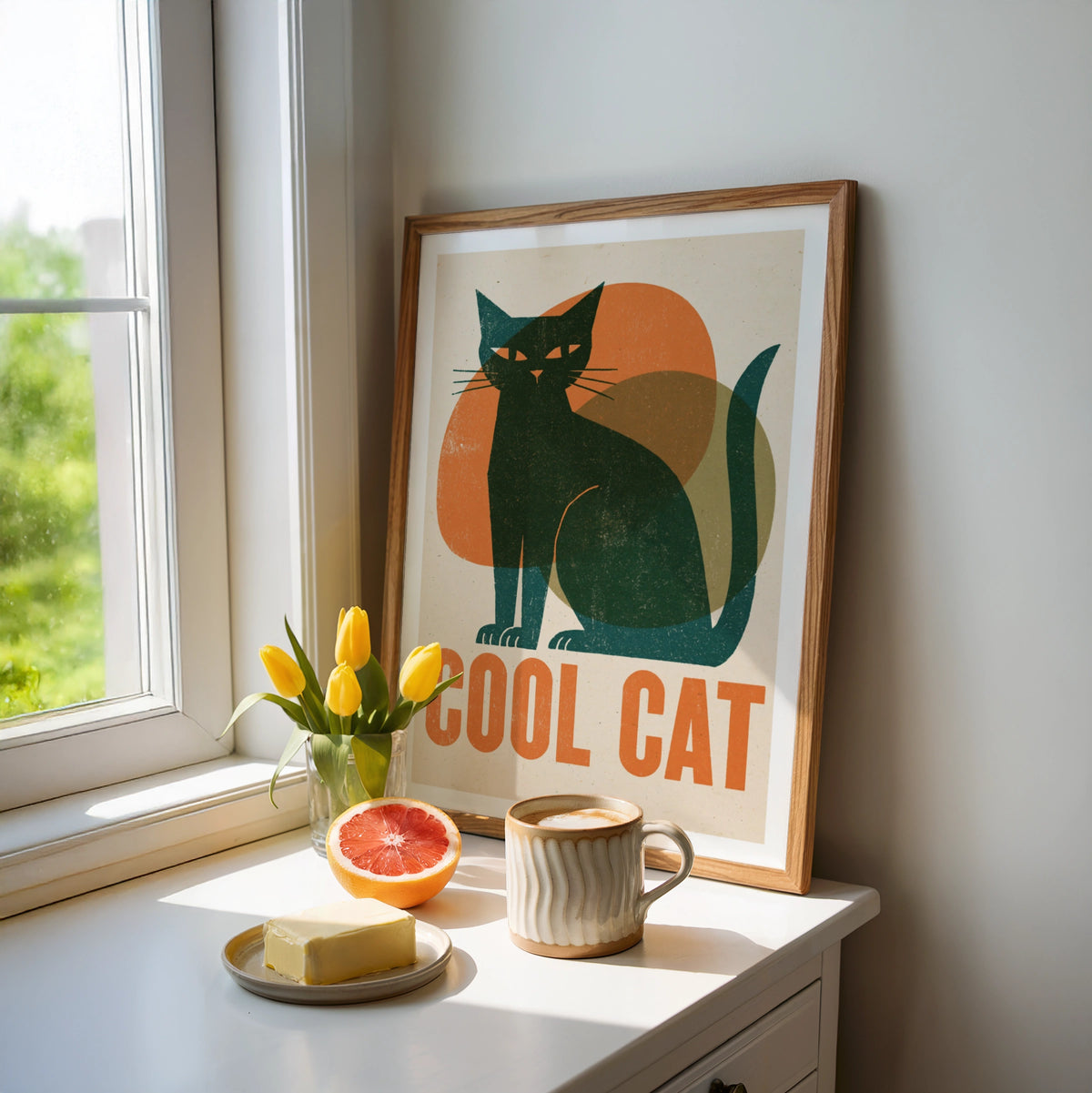 Cool Cat 1950's Retro Print, Vintage Style Black Cat Wall Art, Mid Century Folk Cat Decor