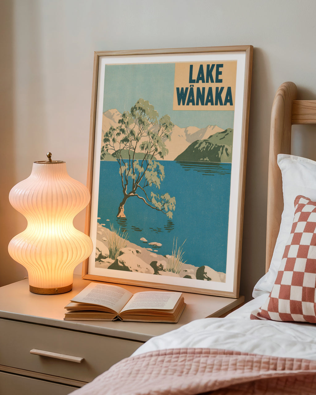 Lake Wanaka Retro Travel Print, Vintage Travel Poster, New Zealand Wall Art, Willow Tree Lake