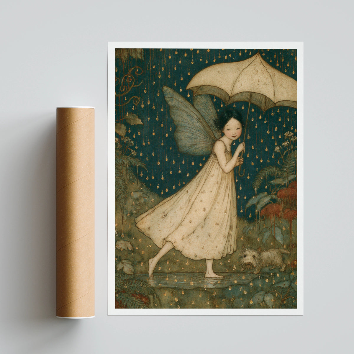 Splish Splash Rain Fairy Classic Art Print, Teal Gold Whimsical Fairy Poster, Folk Illustrated Wall Art