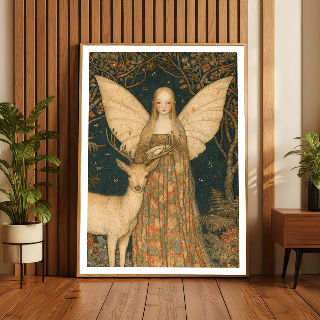 Fairy and White Stag Print, Classic Folk Art Poster, Woodland Fairy Wall Art, Botanical Fantasy
