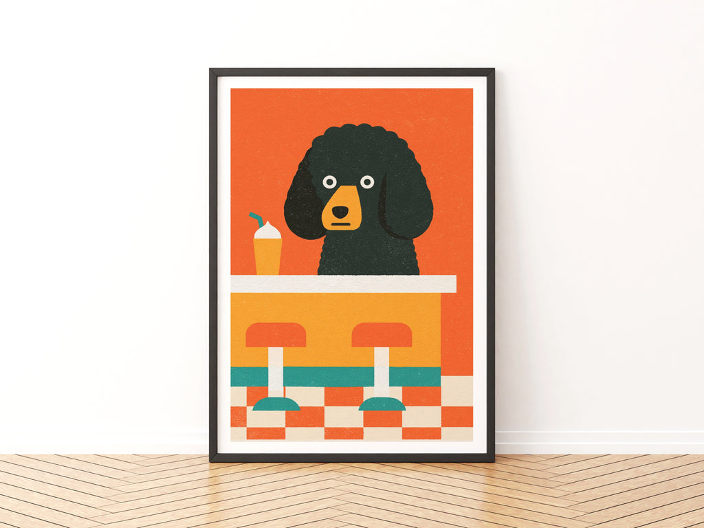 Vintage Food Poster Print, Retro Mid Century Poodle Diner Dog Art, Rustic Kitchen Decor Gift