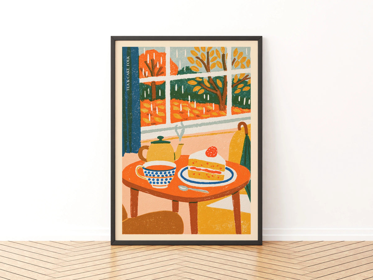 Tea and Cake Vintage Food Poster Print | Rustic Kitchen Decor | Retro Mid Century Risograph Art