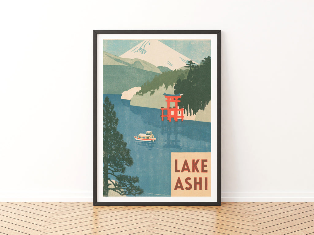 Lake Ashi Retro Travel Poster, Vintage Travel Print, Mount Fuji Japan Wall Art, Torii Gate Print