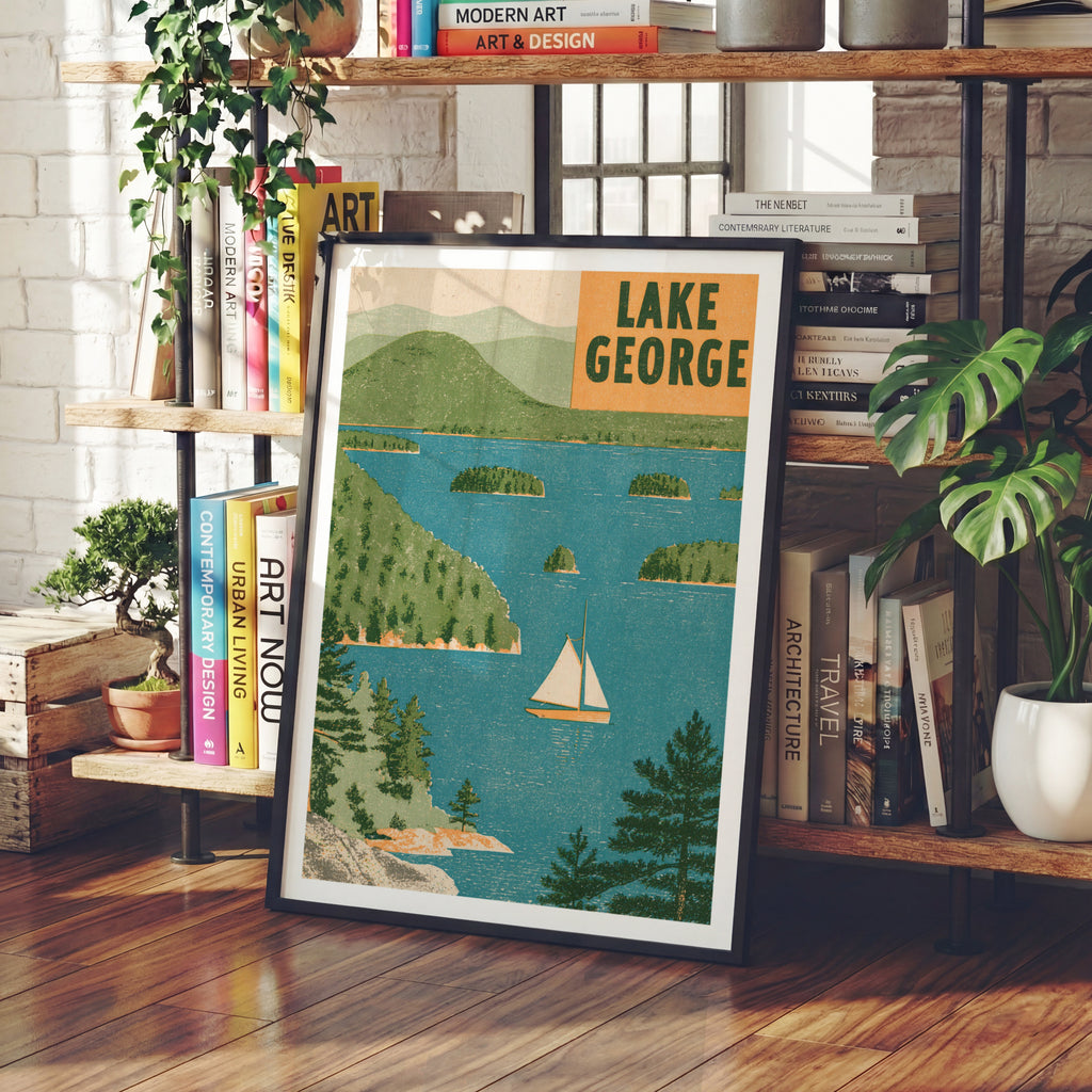 Retro Lake George Poster, Vintage Travel Print, New York Adirondacks Sailboat Wall Art, Lake House