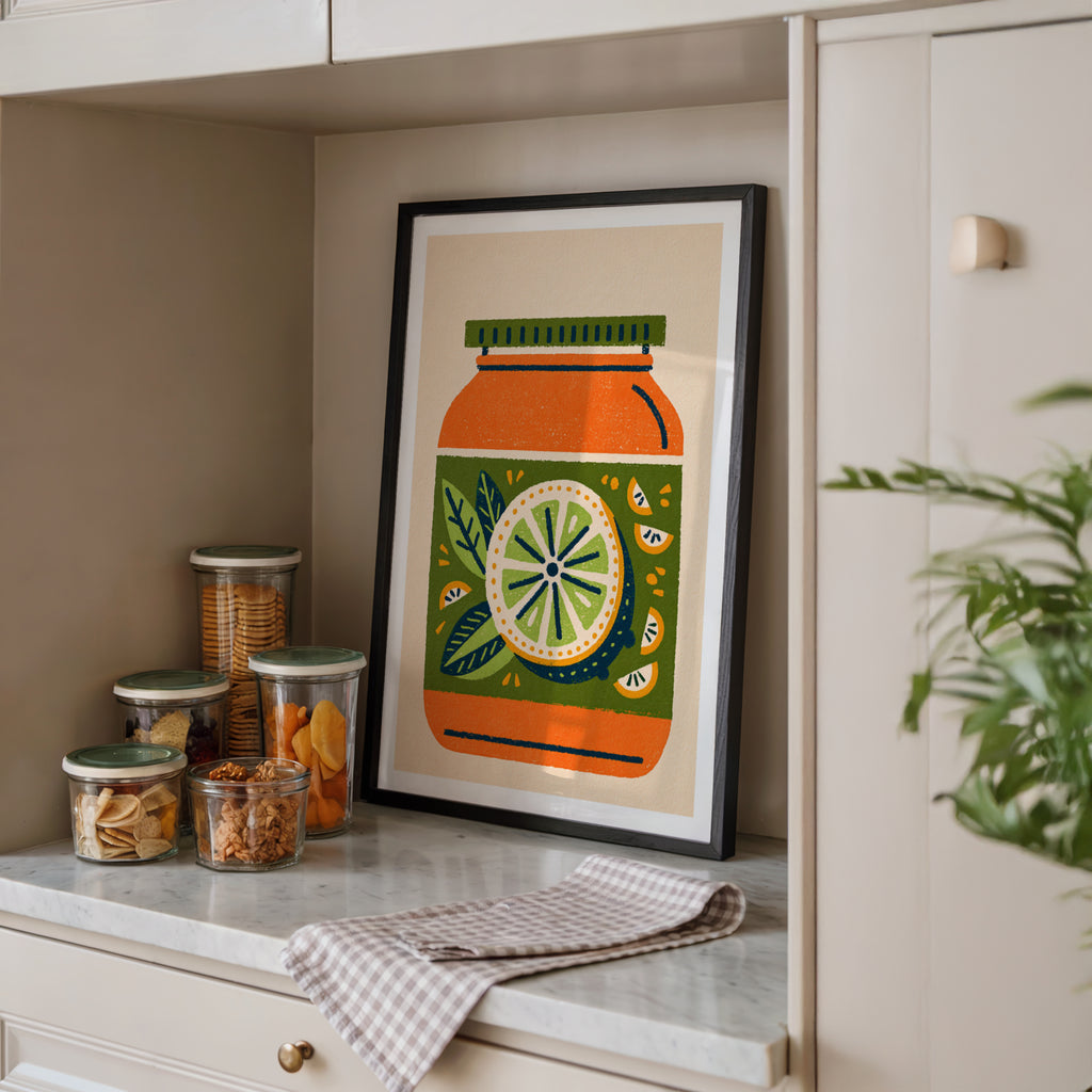 Vintage Food Poster Print, Retro Jam Jar Lemon Art, Rustic Kitchen Decor, Mid Century Risograph