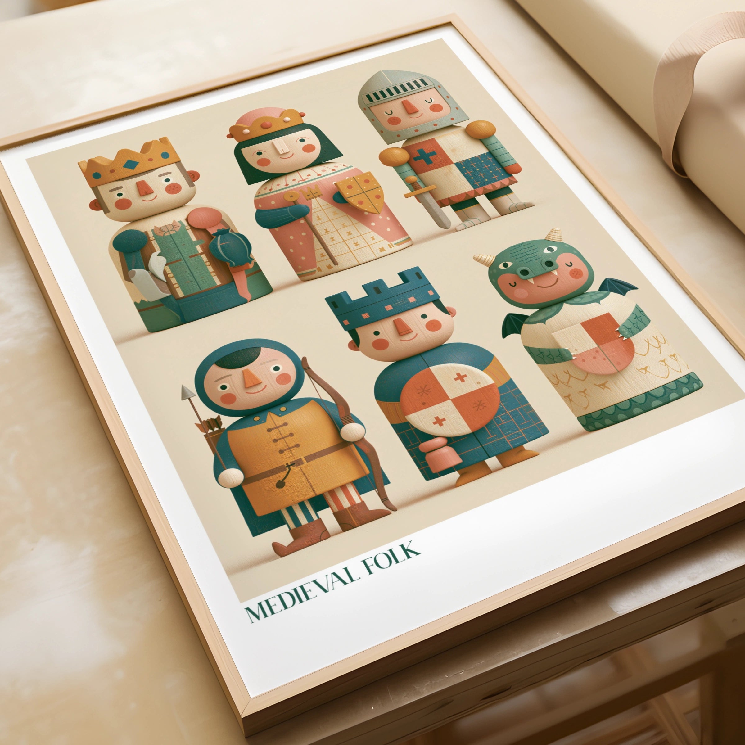 Medieval Folk Kids Wall Art, Retro Children's Print, Knight King Dragon Nursery Poster