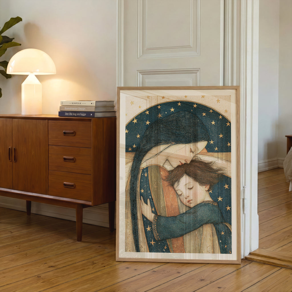 Mother and Child Wall Art, Vintage Starry Night Nursery Print, Celestial Maternal Hug Poster