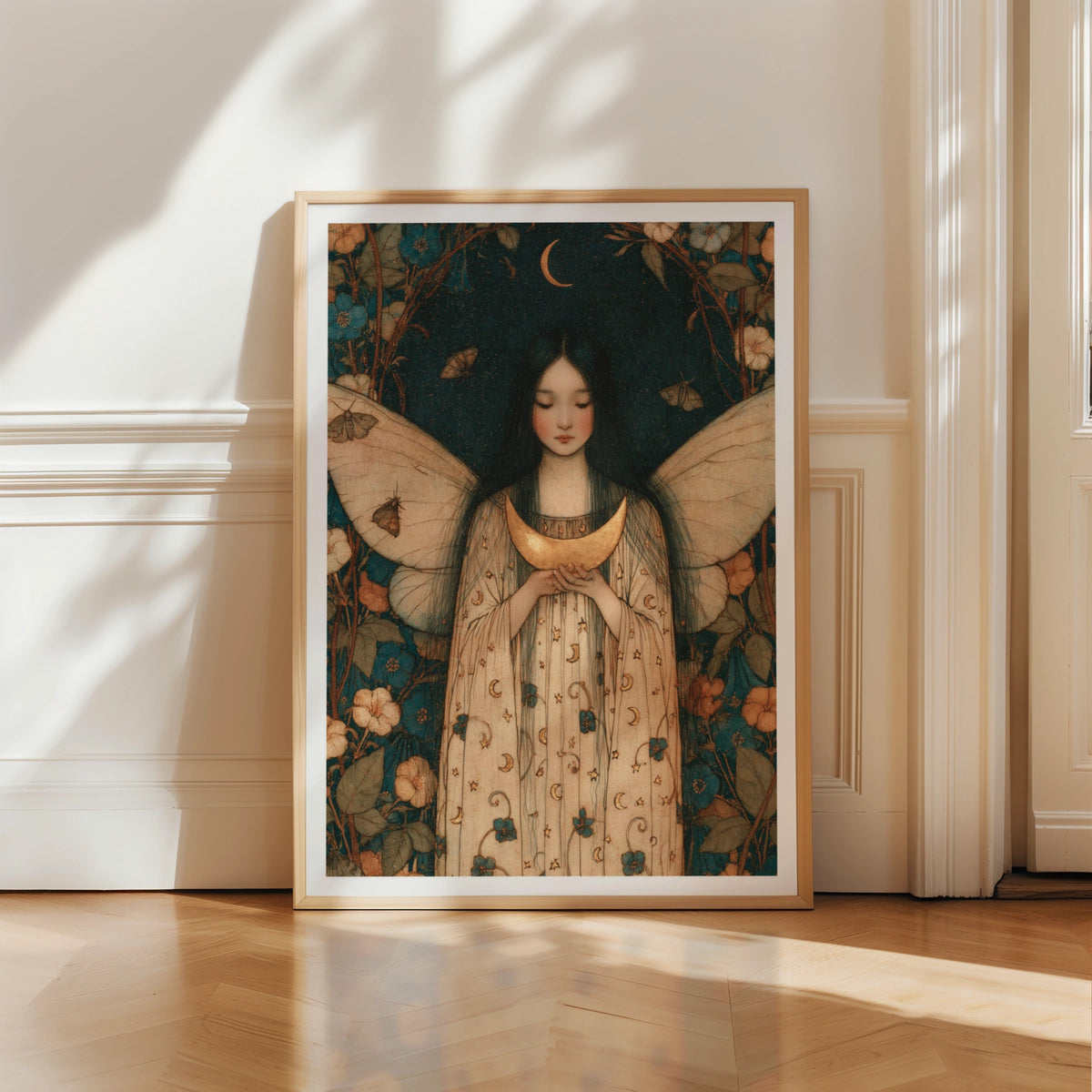 Fairy Moon Girl Classic Inspired Print, Floral Night Sky Poster, Celestial Wall Art