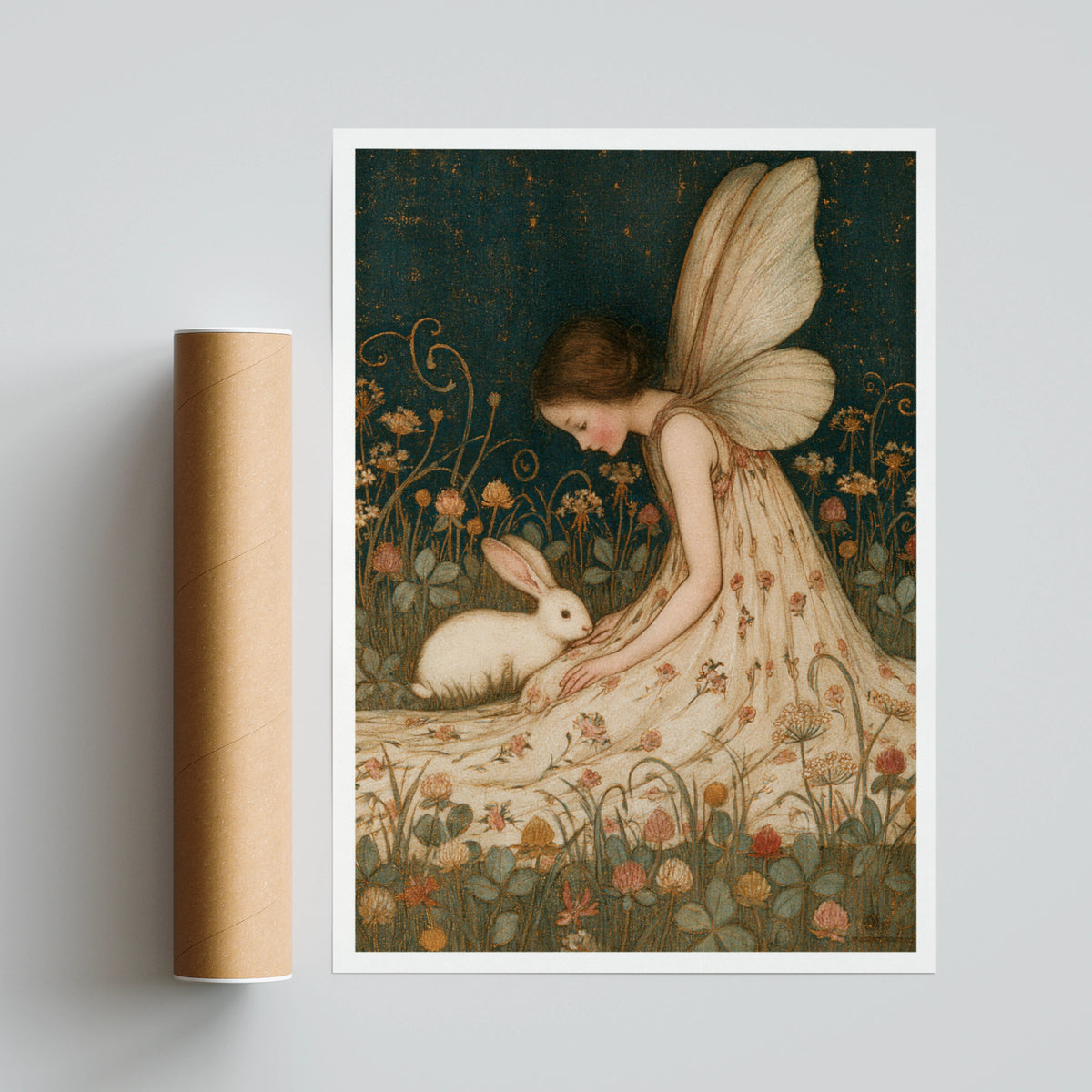 Fairy and Rabbit Print, Classic Folk Art Poster, Vintage Floral Fantasy Wall Art, Cottagecore