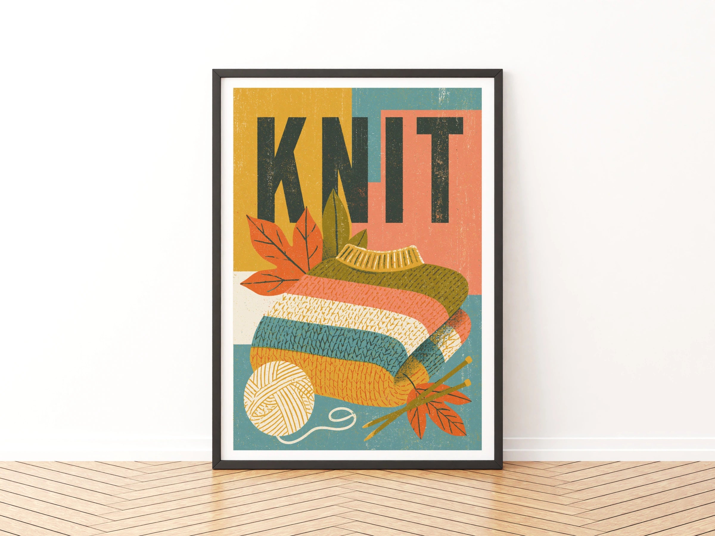 KNIT - Retro Knitting Poster, Knit Wall Art Print, Craft Room Decor, Autumn Yarn Gift