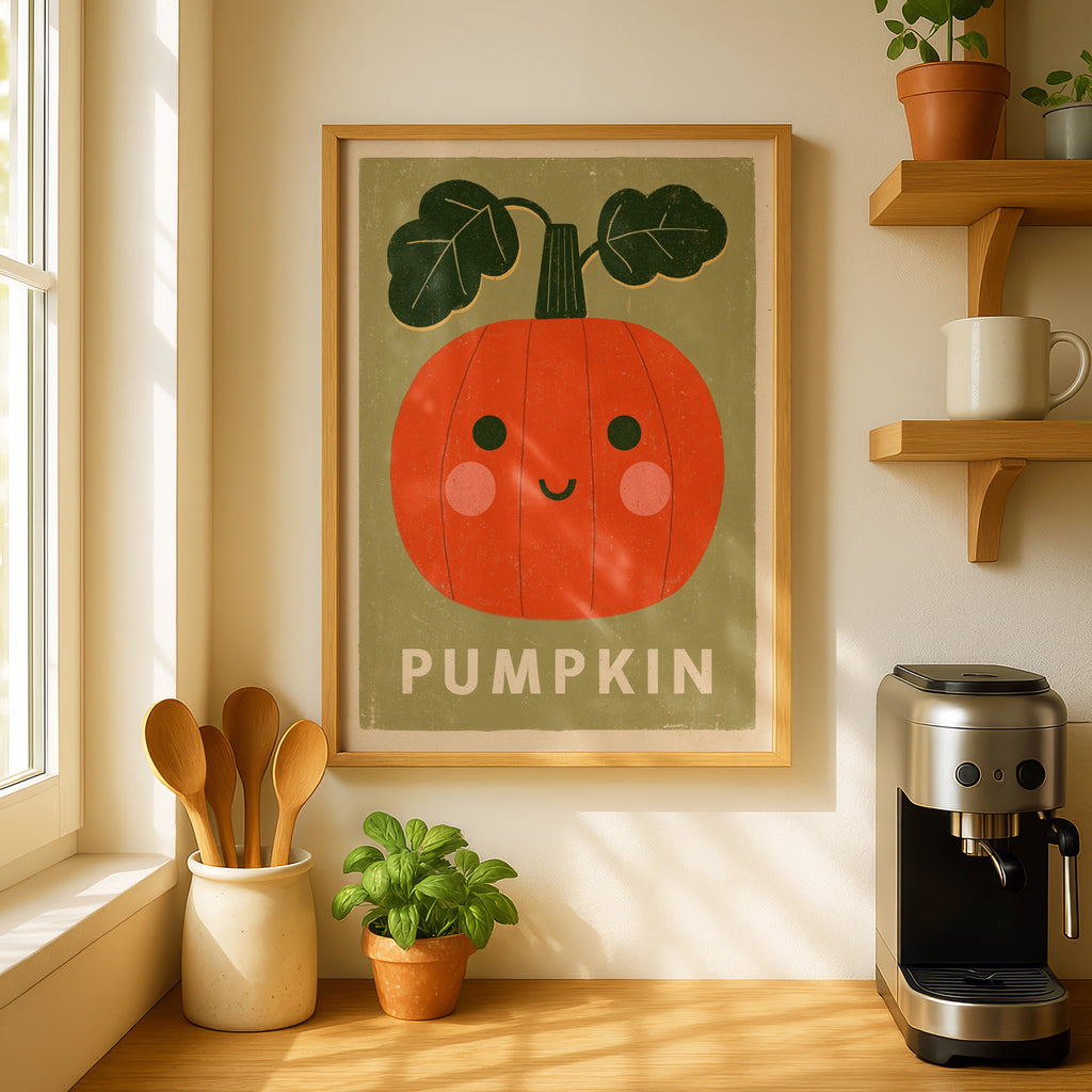 Cute Pumpkin Print, Kawaii Autumn Wall Art, Kids Room Poster, Orange Green Decor