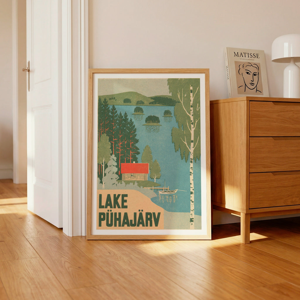 Retro Lake Puhajarv Estonia Print, Vintage Travel Poster, Birch Trees, Red Cabin Lakeside Wall Art