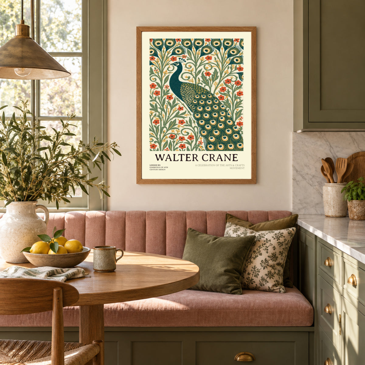 Walter Crane Peacock Print, Arts and Crafts Wall Art, Vintage Botanical Poster, Nature Floral Decor