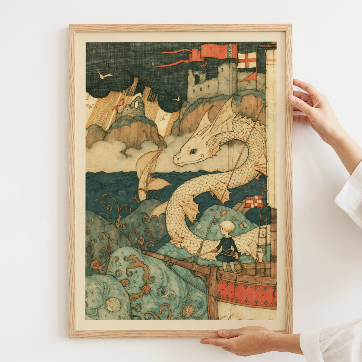  Dragon & Knight Children's Print, Fantasy Sea Adventure, Kids Wall Art Collectable Art