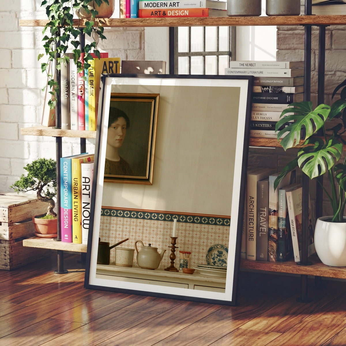 Contemporary Dutch Kitchen Still Life Art Print, Vintage Tiles Portrait Wall Decor