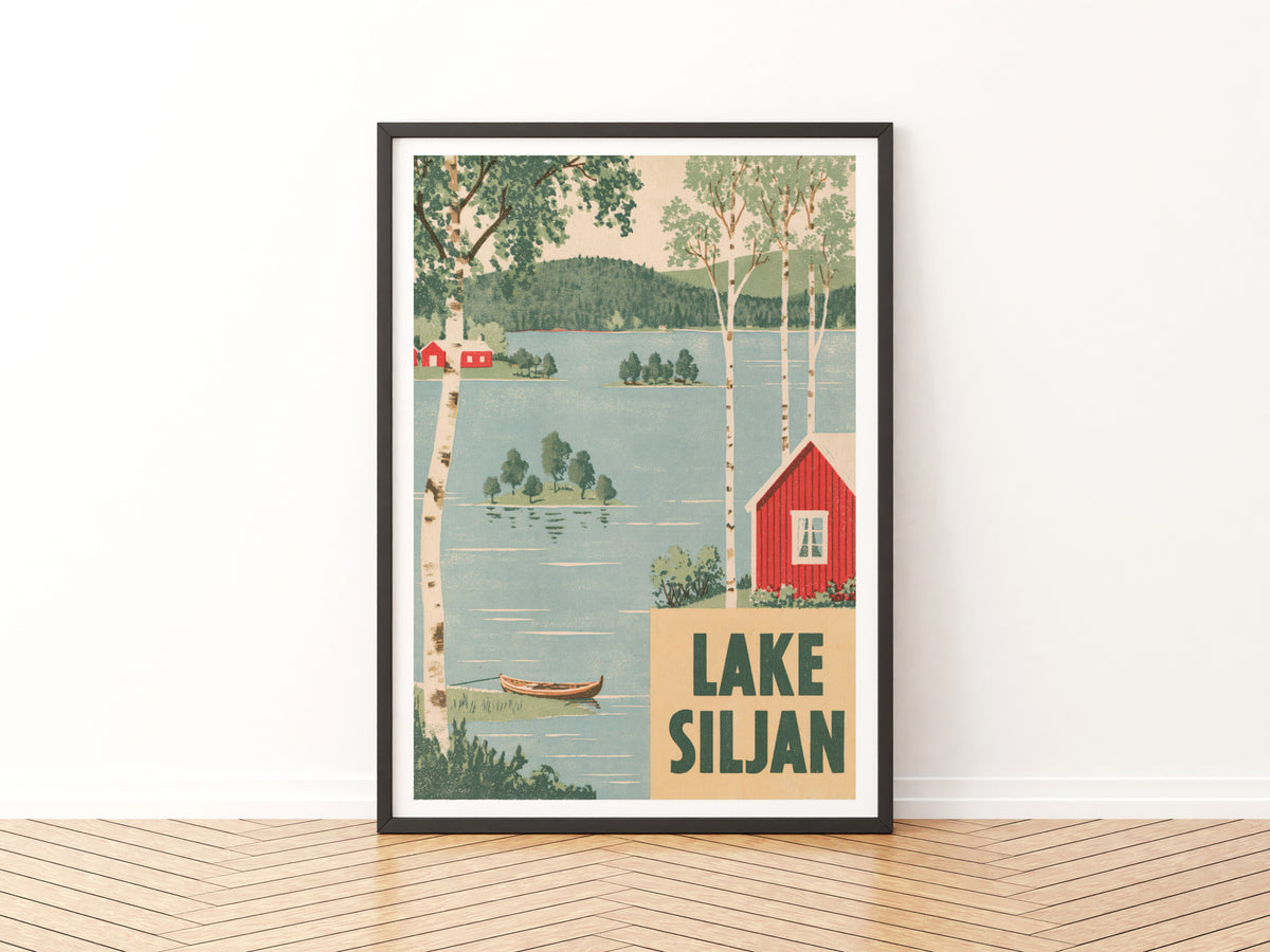 Retro Lake Siljan Sweden Print, Vintage Travel Poster, Red Cabin Birch Trees, Scandinavian Wall Art