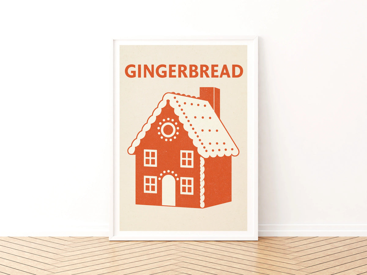 Gingerbread House Vintage Food Poster Print | Rustic Kitchen Decor | Retro Mid Century Risograph Christmas Kitchen