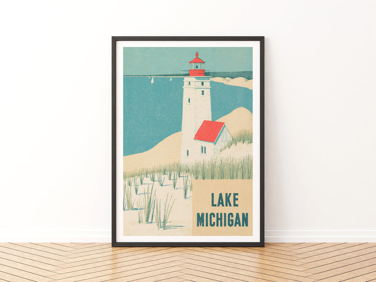 Retro Lake Michigan Lighthouse Poster, Vintage Travel Print, Coastal Wall Art, Sand Dunes Decor