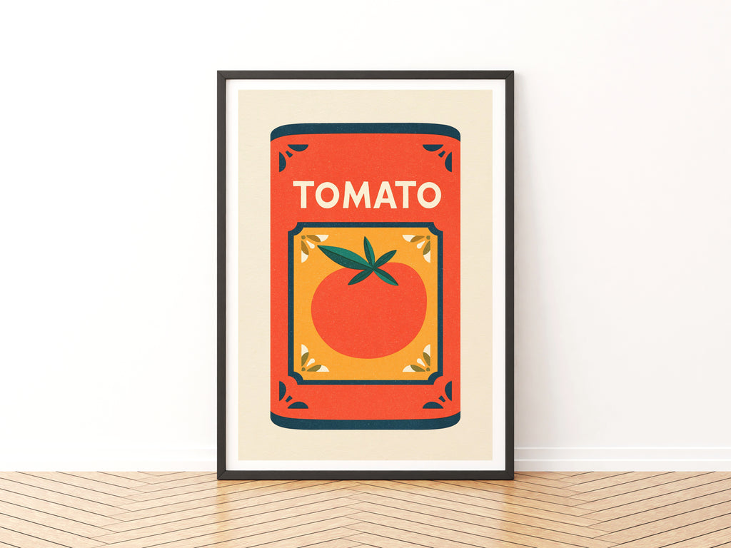Vintage Food Poster Print, Tomato Can, Rustic Kitchen Decor, Retro Mid Century Risograph Wall Art