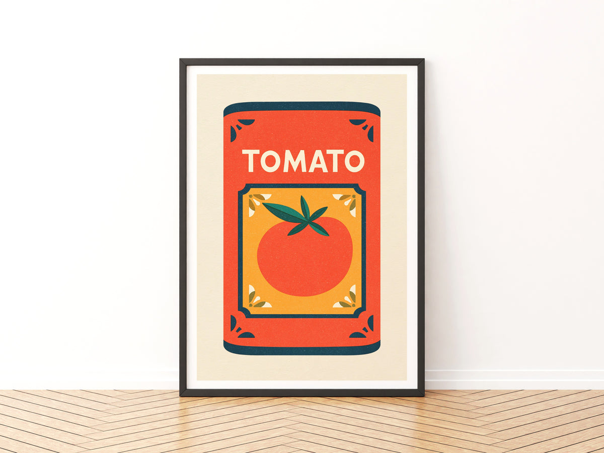 Vintage Food Poster Print, Tomato Can, Rustic Kitchen Decor, Retro Mid Century Risograph Wall Art