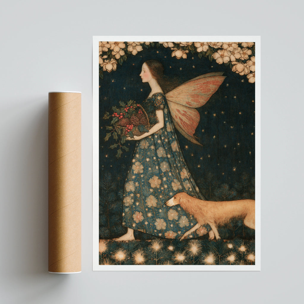 Fairy With Holly Basket Classic Art Print, Vintage Folk Illustration, Winter Botanical Poster