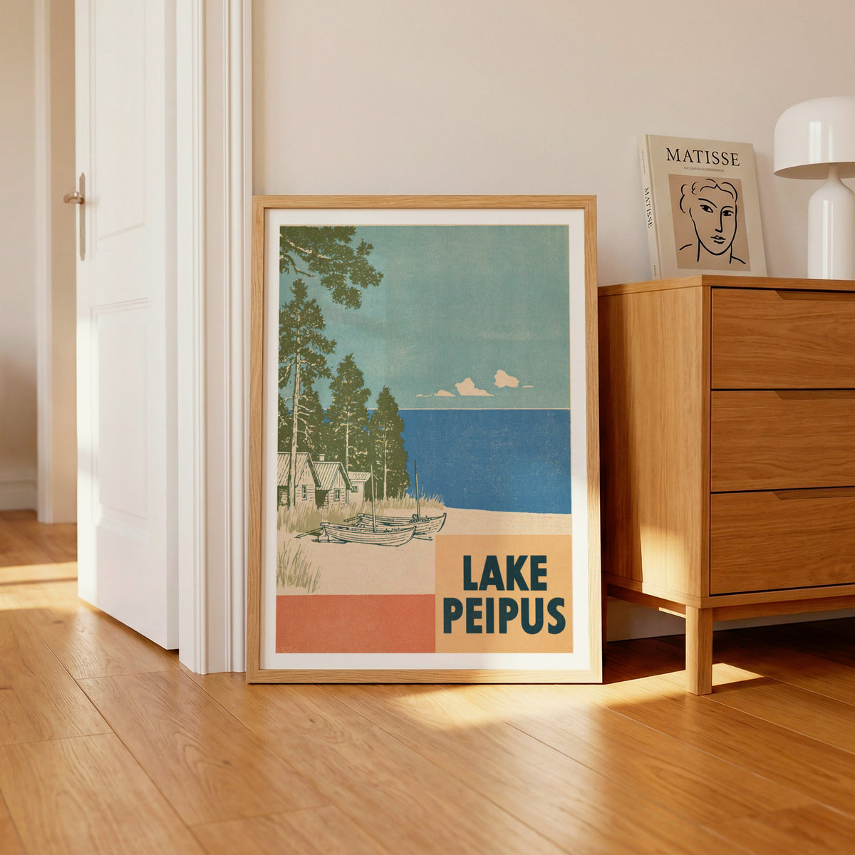 Lake Peipus Print, Retro Estonia Travel Poster, Vintage Travel Wall Art, Baltic Lakeside Beach Boats