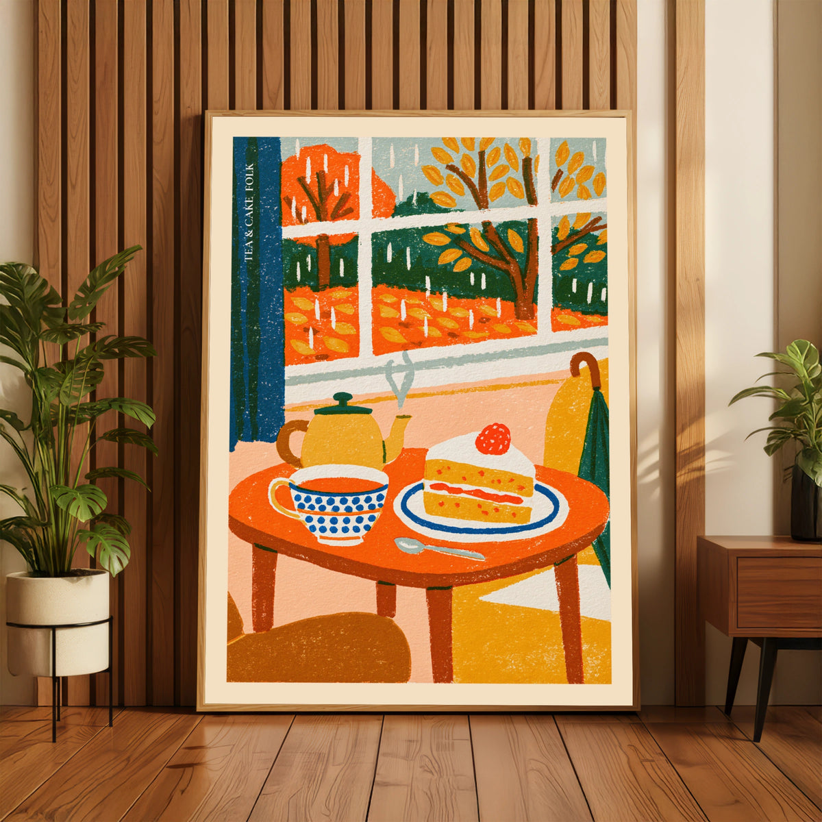 Tea and Cake Vintage Food Poster Print | Rustic Kitchen Decor | Retro Mid Century Risograph Art