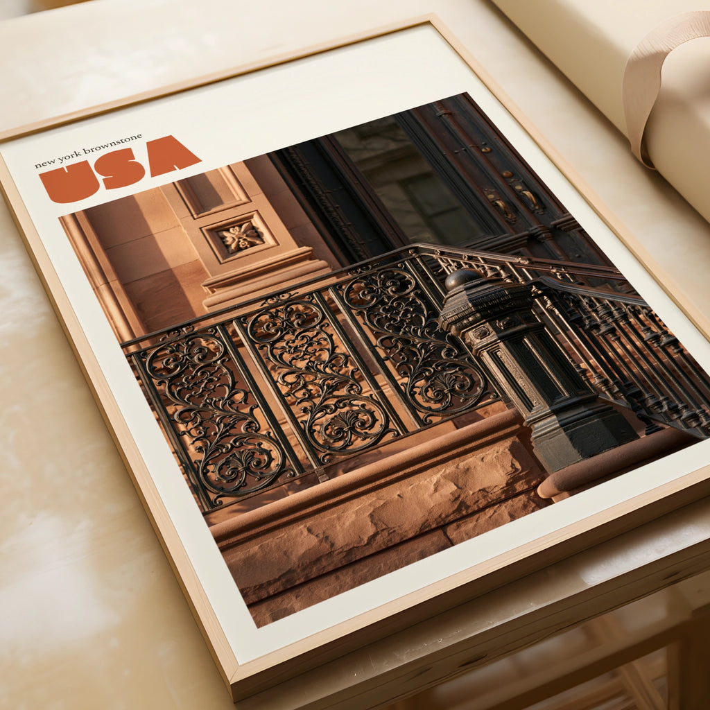 New York Brownstone Retro Travel Poster, NYC Architecture Wall Art Print USA