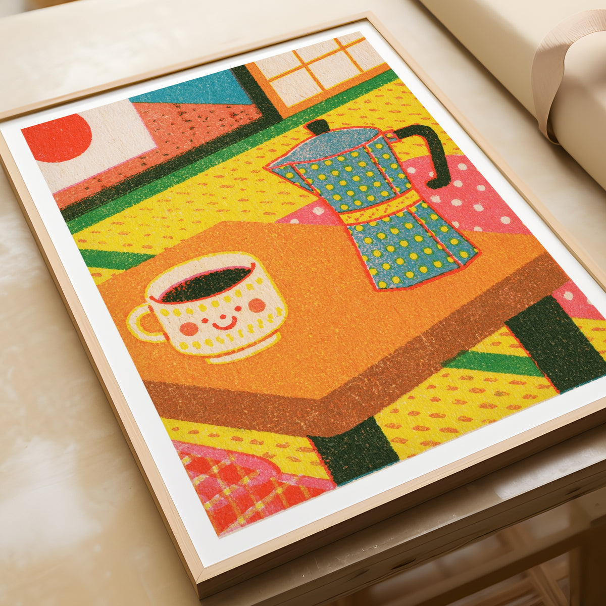 Retro Coffee Wall Art, Vintage Kitchen Print, Japanese Tatami Room Poster, Moka Pot Illustration