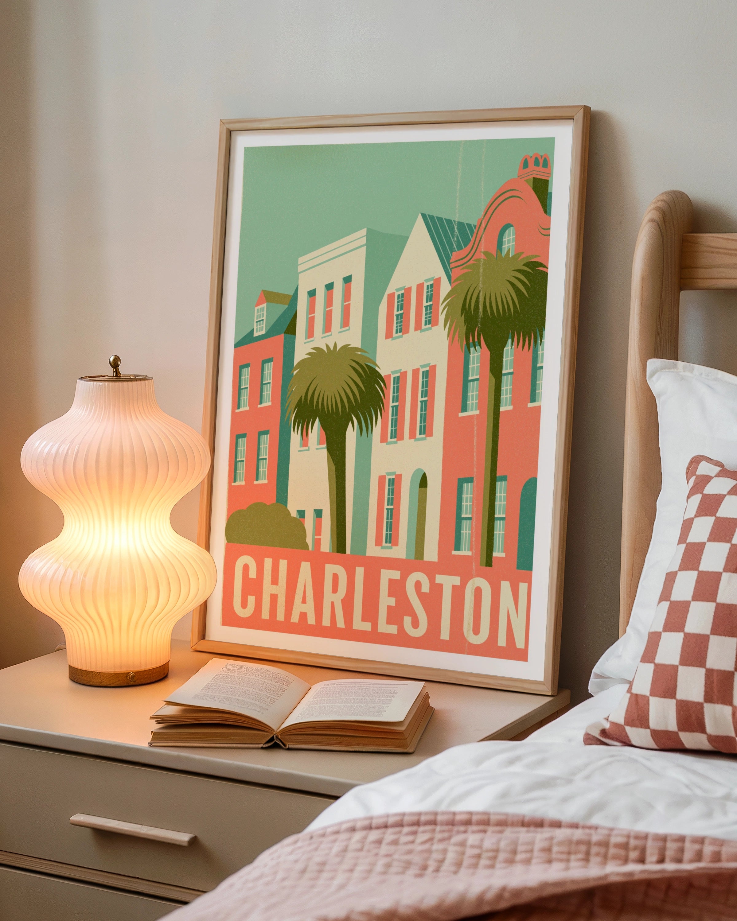 Charleston Retro Travel Poster, Rainbow Row Houses Print, South Carolina Wall Art