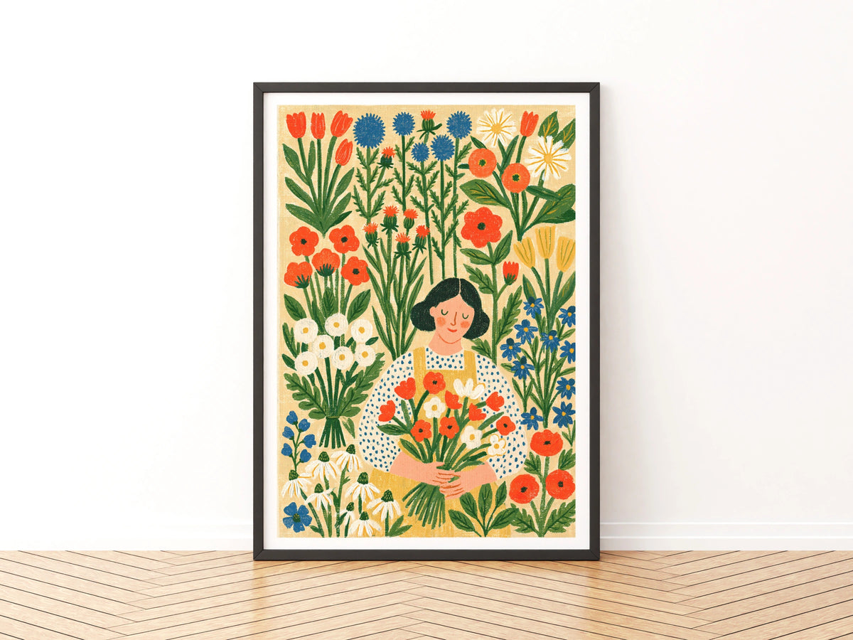 Flower Garden Woman Art Print, Scandi Style Floral Poster, Classic Inspired Botanical Wall Art