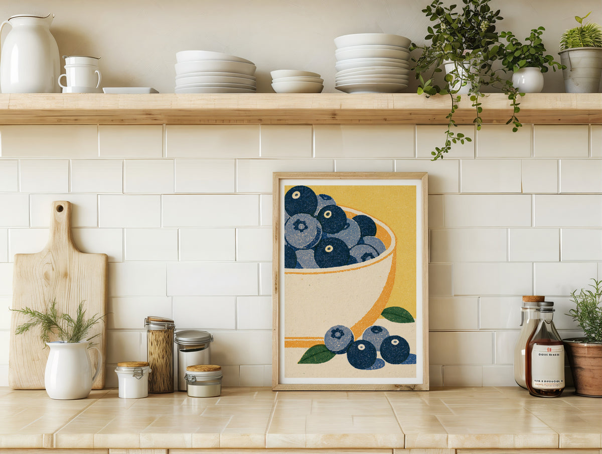 Vintage Food Poster Print | Rustic Kitchen Decor, Blueberry Bowl Art, Mid Century Fruit Wall Art
