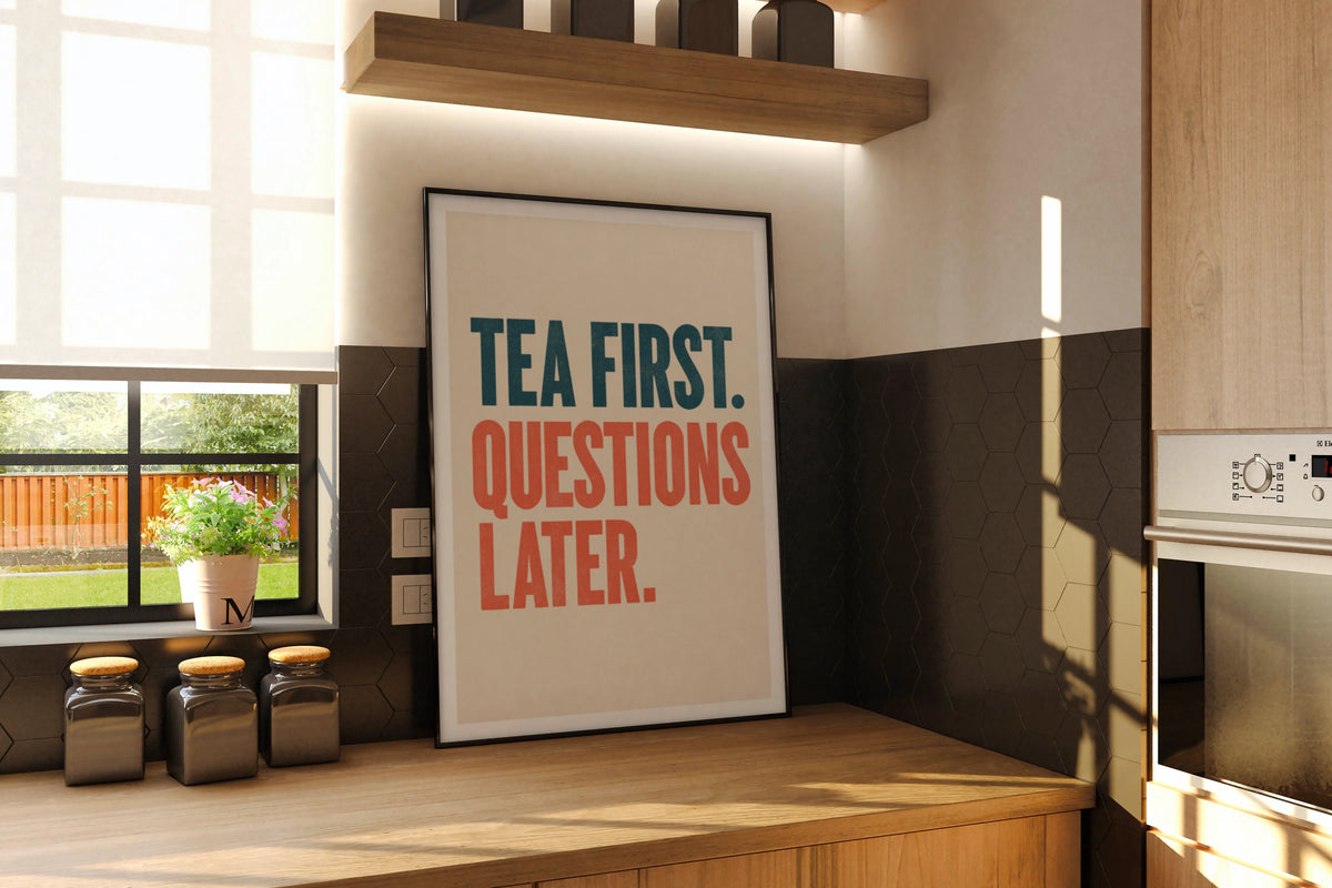 Tea First Questions Later Print, Vintage Food Poster Print, Rustic Kitchen Decor, Retro Mid Century