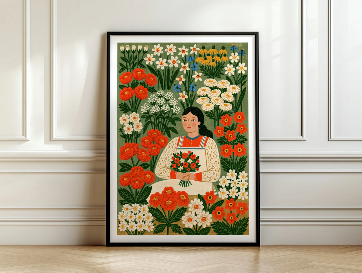 Vintage Flower Girl Poster, Folk Art Floral Print, Botanical Garden Wall Art, Cottagecore Decor