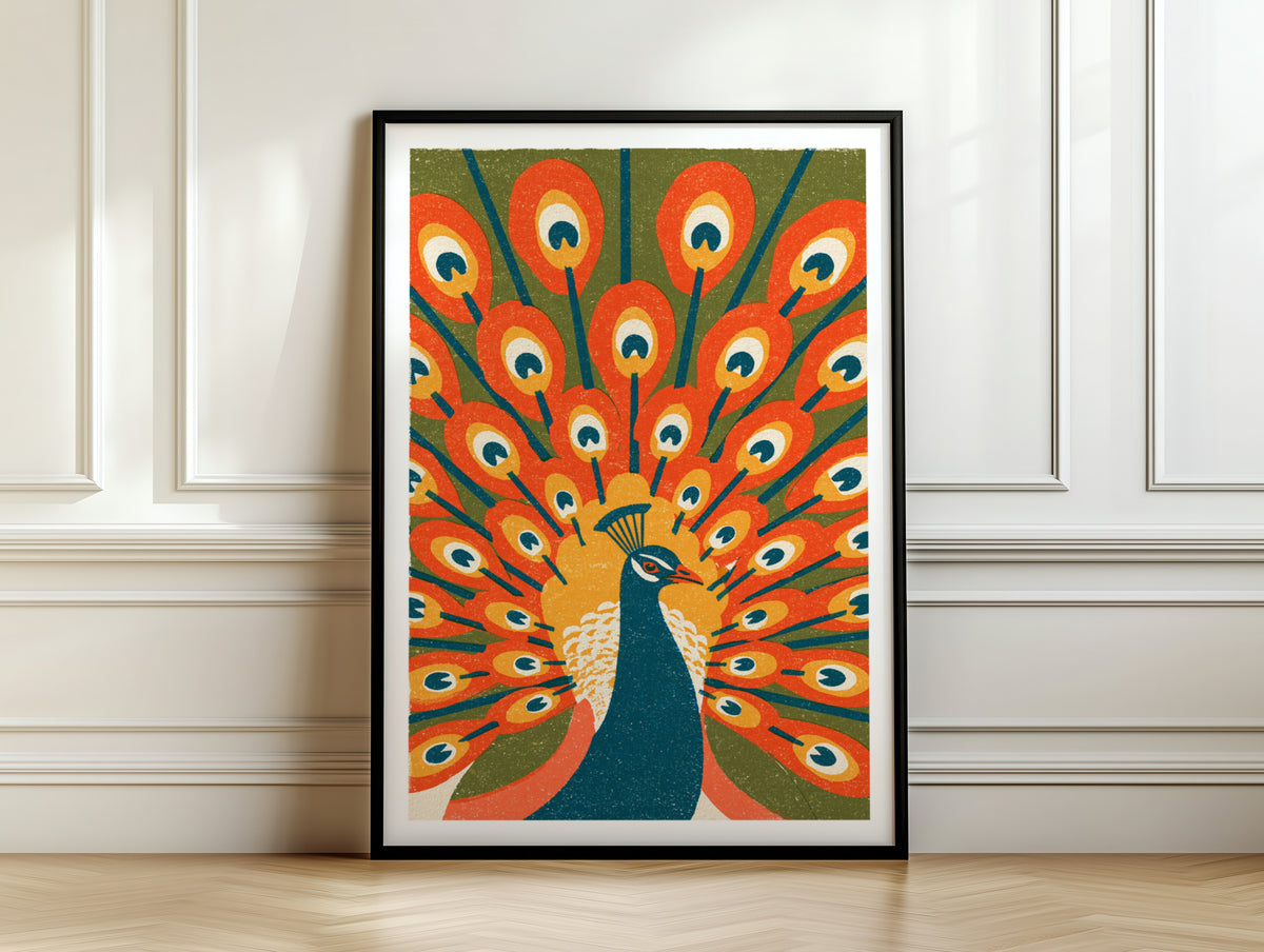 Retro Peacock Wall Art, Vintage Bird Poster, Mid Century Animal Print, Bold Orange Feather Decor
