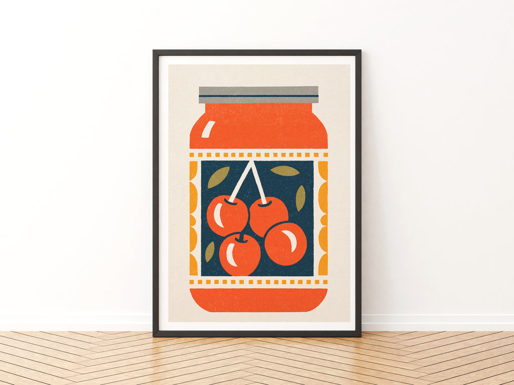 Vintage Food Poster Print, Cherry Jam Jar, Rustic Kitchen Decor, Retro Mid Century Risograph Art
