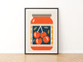 Vintage Food Poster Print, Cherry Jam Jar, Rustic Kitchen Decor, Retro Mid Century Risograph Art