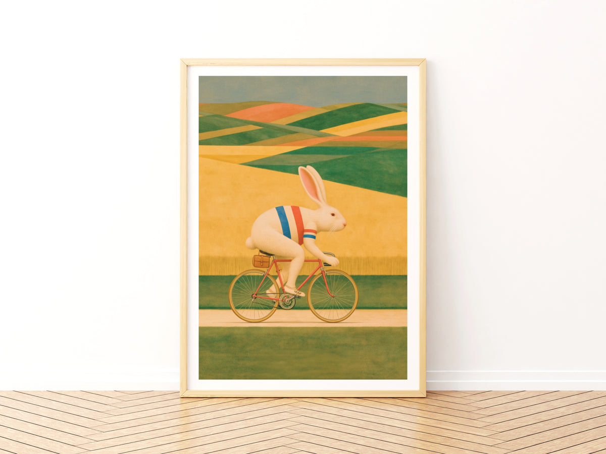 Cycling Rabbit Art Print, Retro Folk Animal Wall Art, Whimsical Bunny on Bike, Vintage Style Print