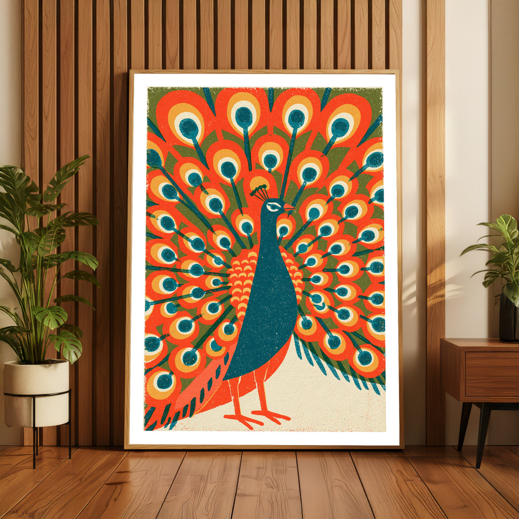 Retro Peacock Wall Art, Vintage Bird Poster, Mid Century Animal Print, Bold Orange Gallery Wall