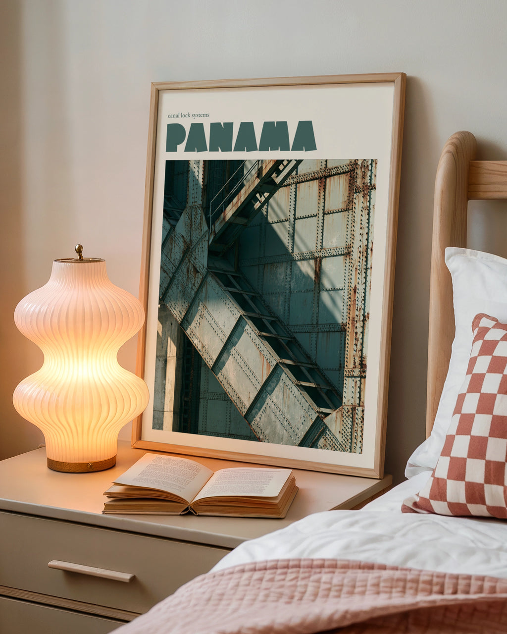 Panama Canal Print, Contemporary Travel Poster, Lock Gate Wall Art, Teal Industrial Decor