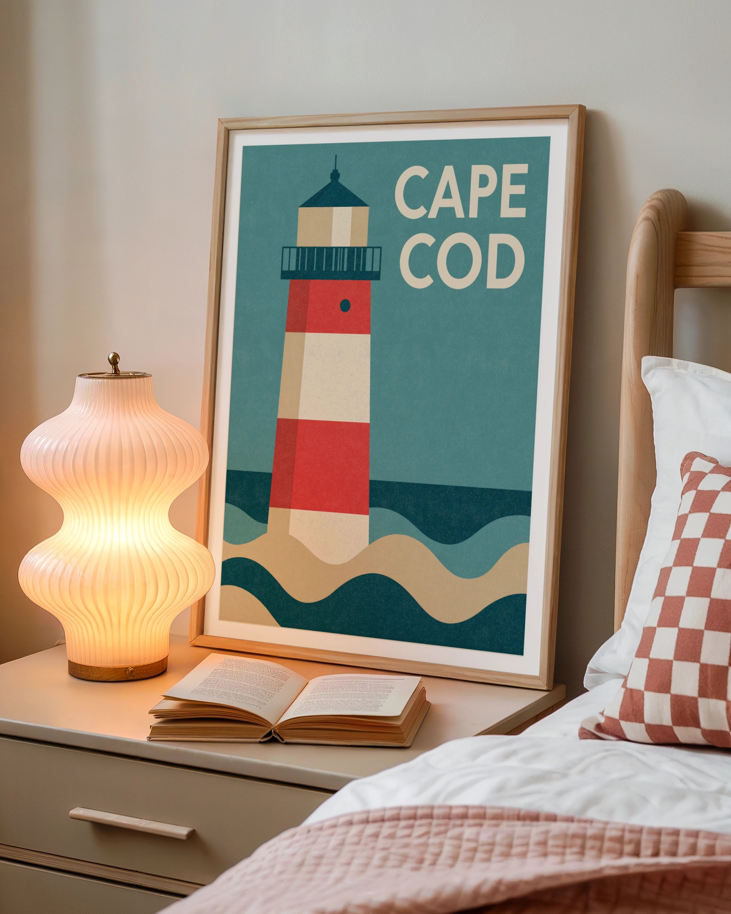 Cape Cod Retro Travel Poster, Lighthouse Print, Nautical New England Wall Art