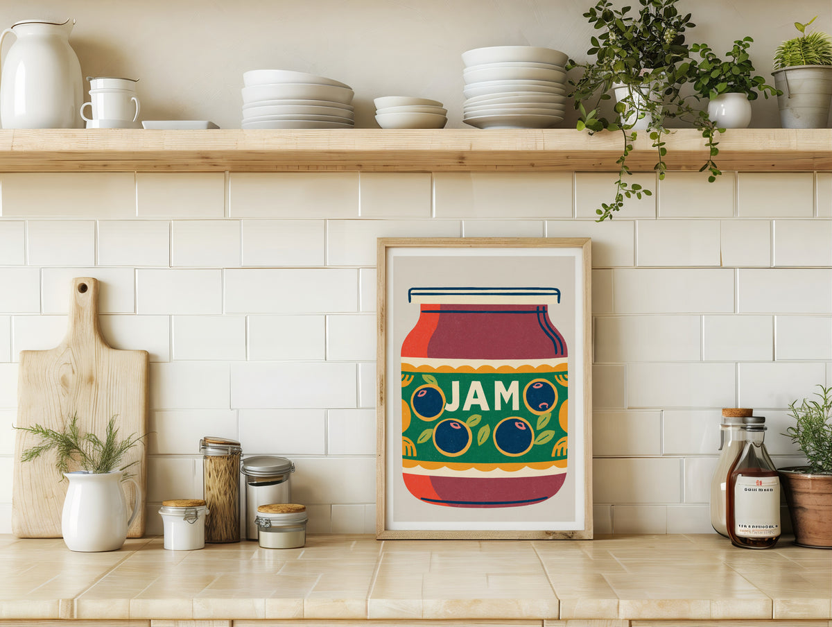 Vintage Food Poster Print | Rustic Kitchen Decor, Jam Jar Illustration, Blueberry Fruit Art