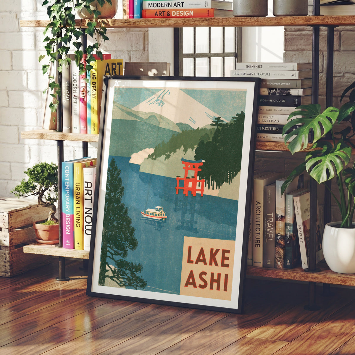 Lake Ashi Retro Travel Poster, Vintage Travel Print, Mount Fuji Japan Wall Art, Torii Gate Print
