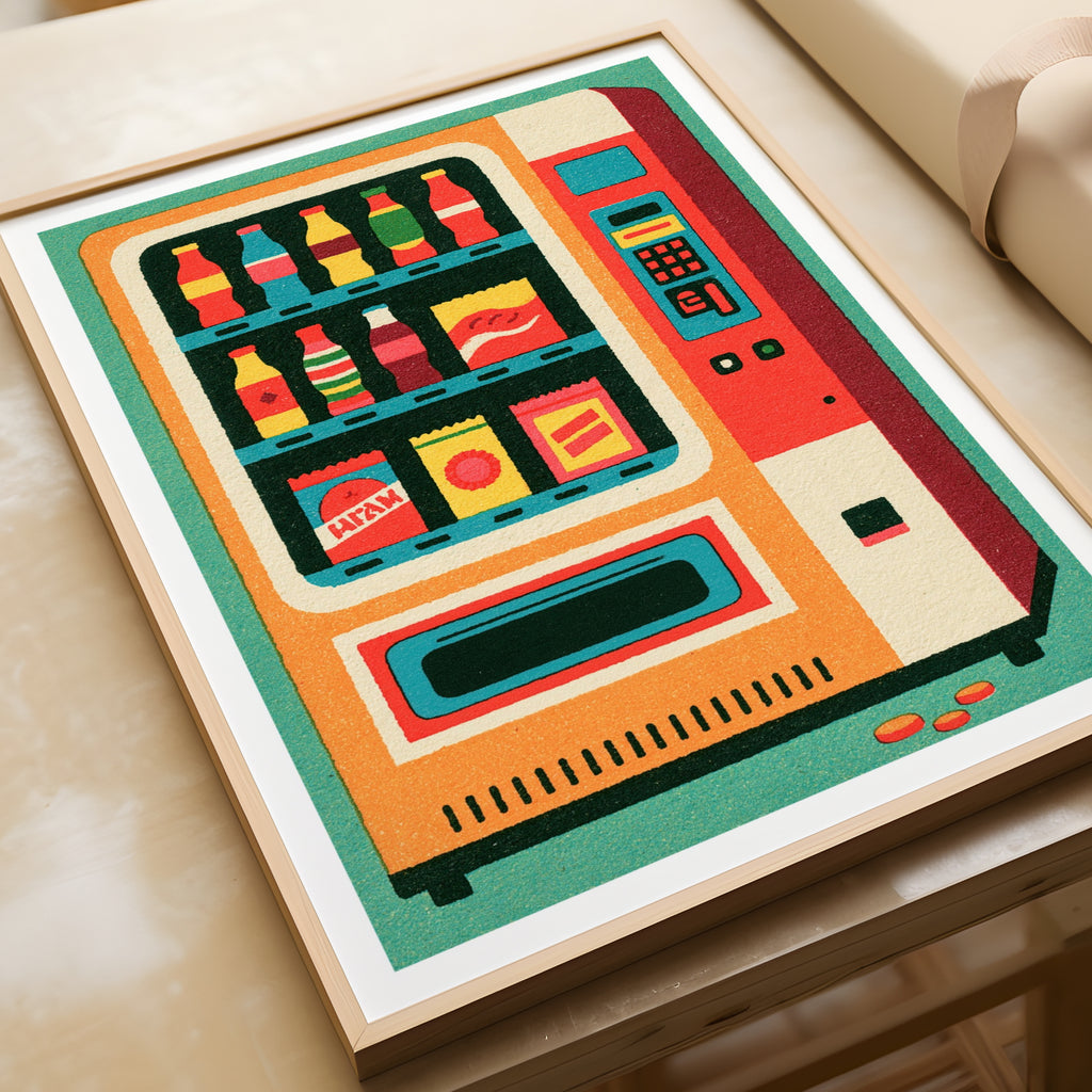Retro Vending Machine Poster, Vintage Snack Print, Colourful Retro Kitchen Wall Art Decor
