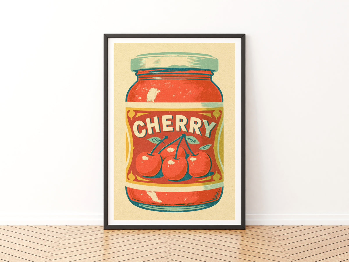 Vintage Food Poster Print | Rustic Kitchen Decor, Cherry Jam Jar Wall Art, Retro Fruit Preserve