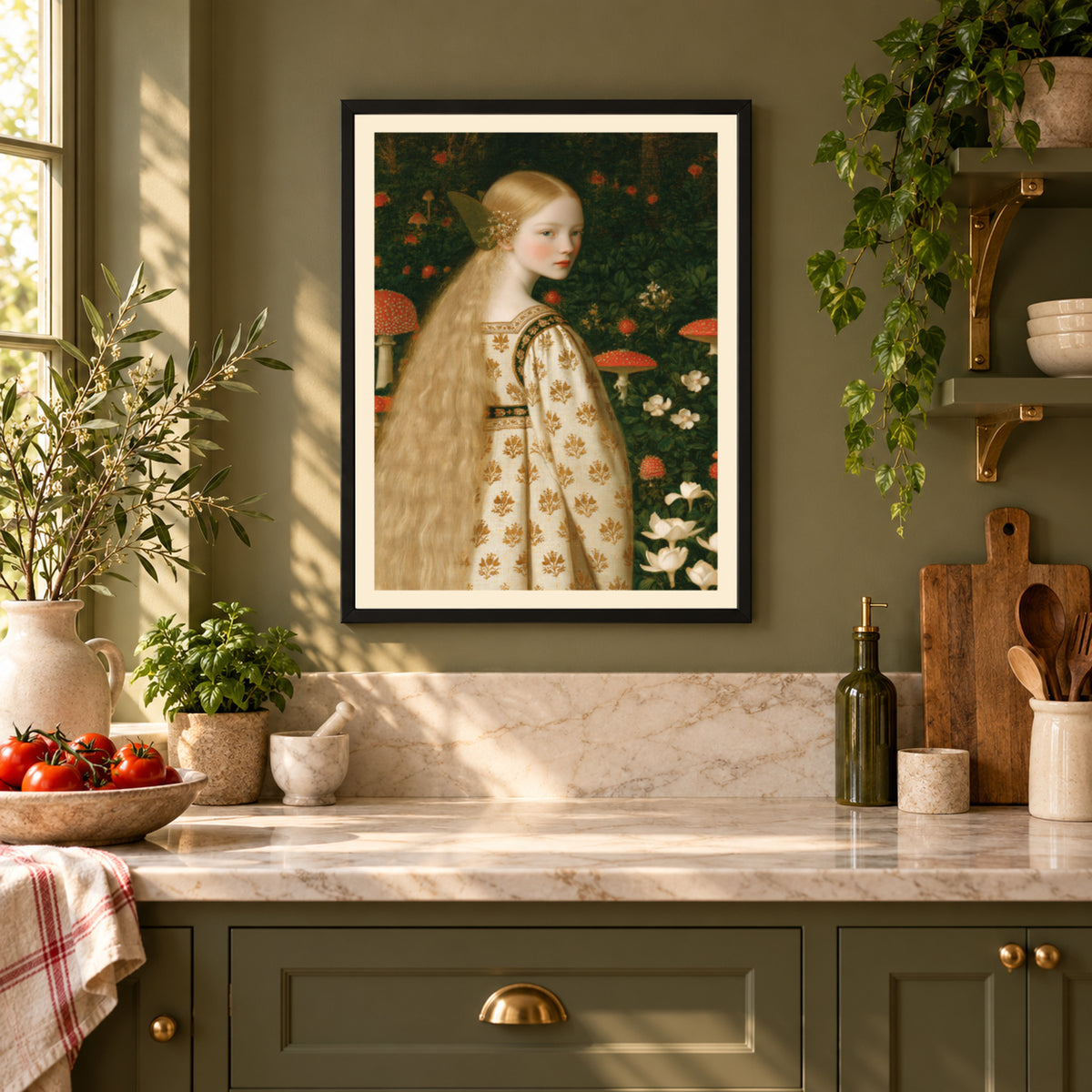 Fairy Girl in Mushroom Forest Print, Pre-Raphaelite Fairytale Art, Cottagecore Woodland Wall Art